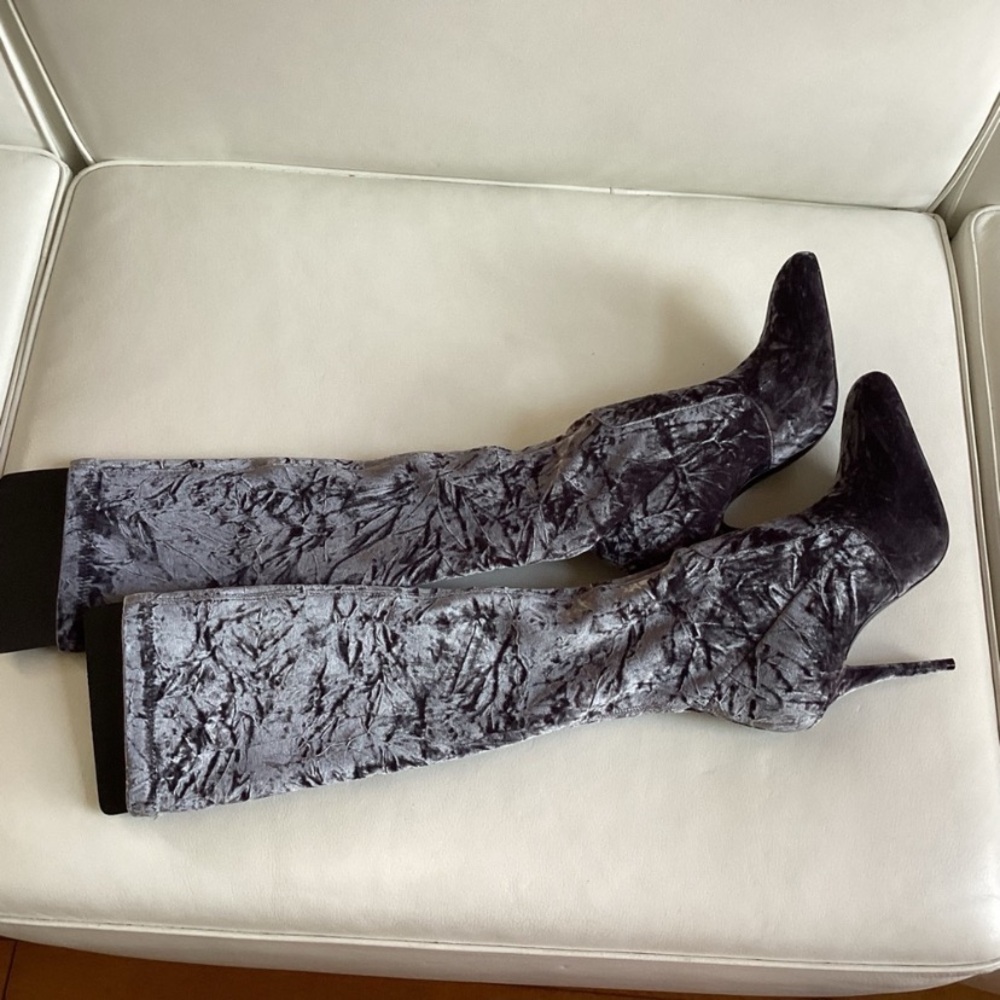 Saint Laurent Tall Velvet Stiletto Boot - Gray SZ 6.5/36.5 - Picture 4 of 11